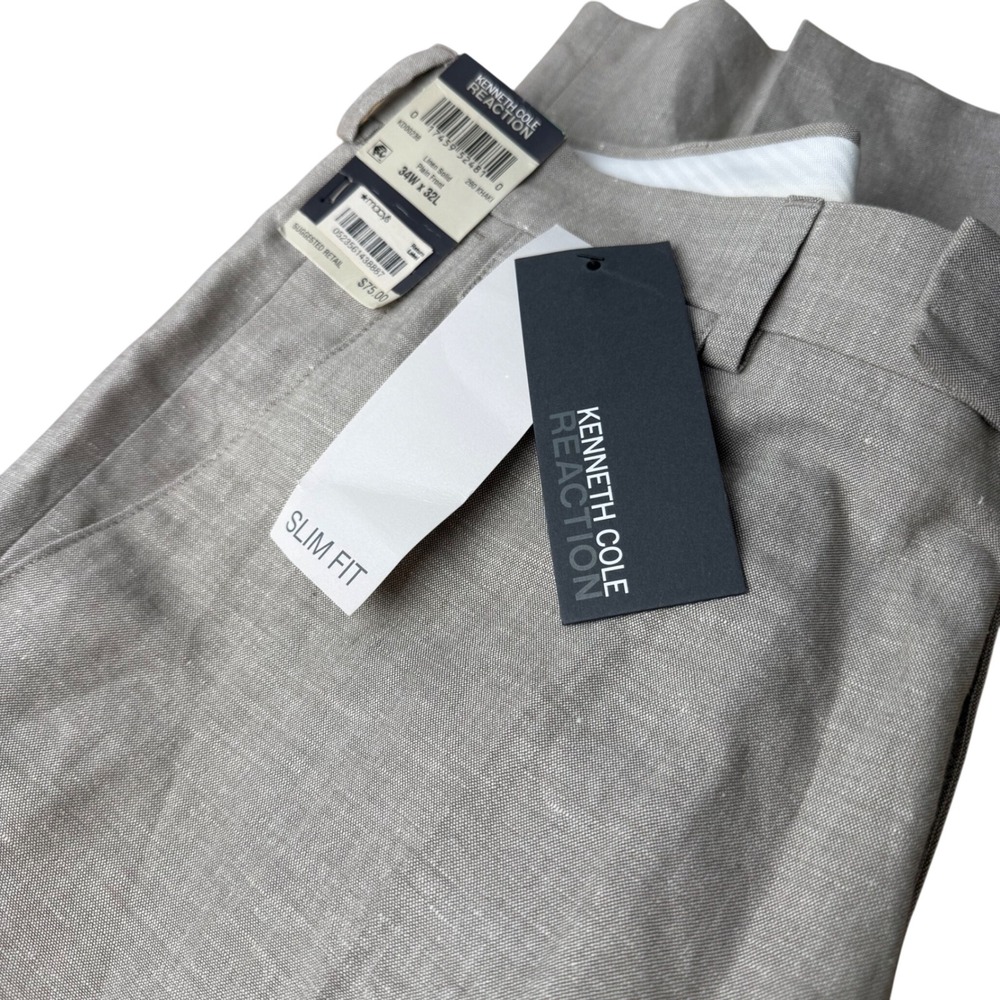 Kenneth Cole Reaction Dress Pants Mens 34x32 Khaki New Slim Fit Linen Blend Flat